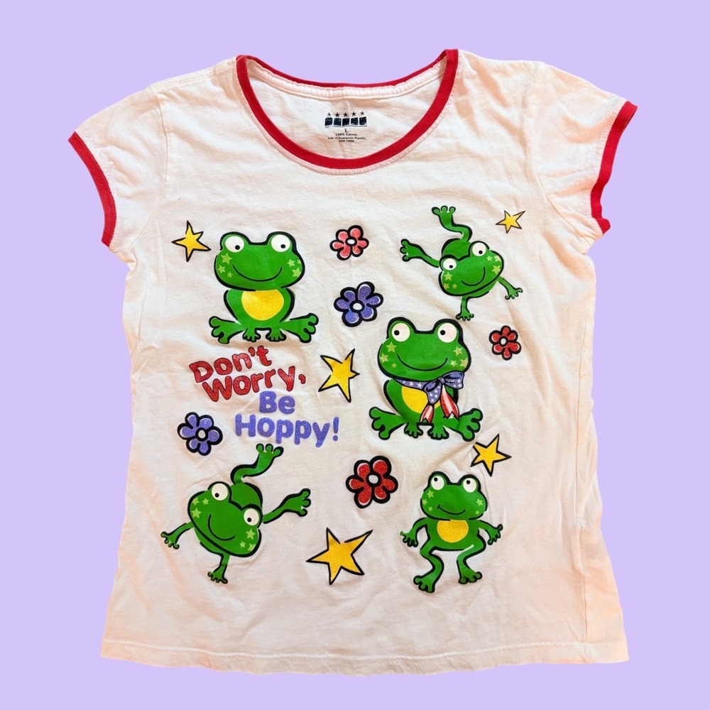 Y2K Vintage Don't Worry Be Hoppy Frog Ringer Tee Scene Cute #19